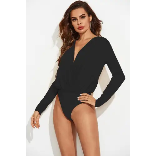 Elegant Surplice Long Sleeve Bodysuit for Timeless Style Black