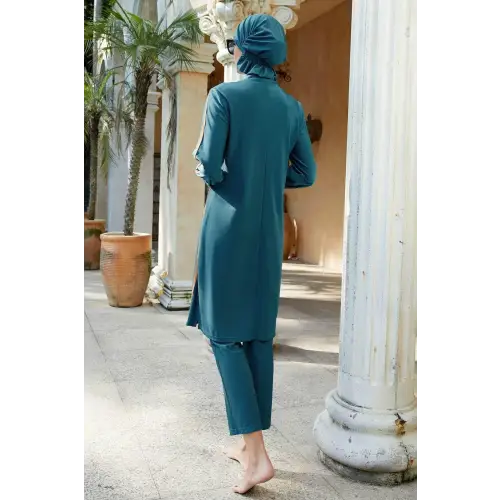Elegant Teal Quarter Zip Pants Swim Set