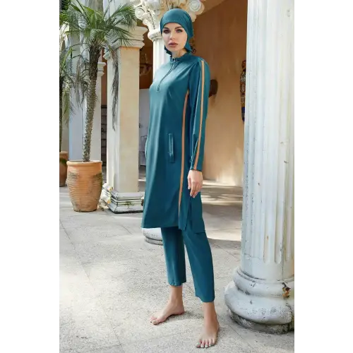 Elegant Teal Quarter Zip Pants Swim Set