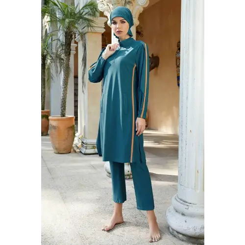 Elegant Teal Quarter Zip Pants Swim Set