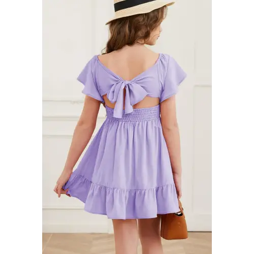Enchanting Lavender Tie-Back Dress with Flutter Sleeves and Ruffle Hem for Effortless Elegance