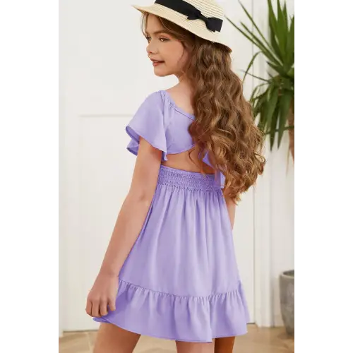 Enchanting Lavender Tie-Back Dress with Flutter Sleeves and Ruffle Hem for Effortless Elegance