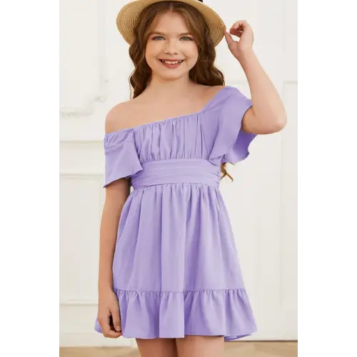 Enchanting Lavender Tie-Back Dress with Flutter Sleeves and Ruffle Hem for Effortless Elegance Lavender