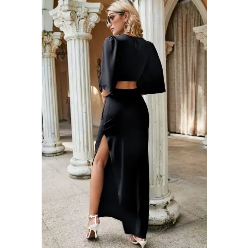Ethereal Blue Cutout Split Puff Sleeve Maxi Dress