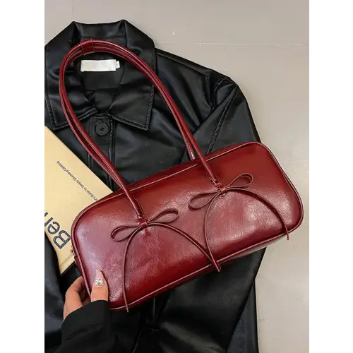Exquisite Leather Bow Trim Shoulder Bag Burgundy One Size