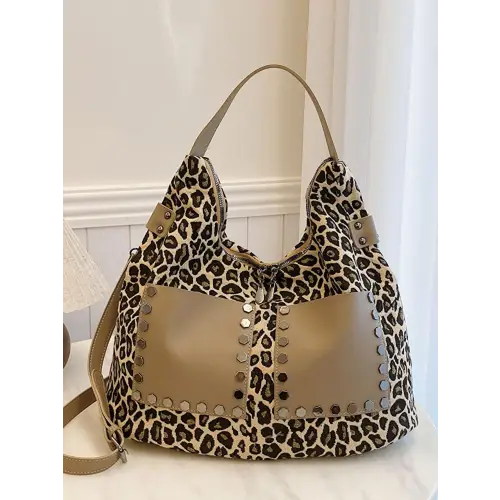 Fierce Leopard Polyester Shoulder Bag with Edgy Studs