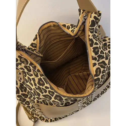 Fierce Leopard Polyester Shoulder Bag with Edgy Studs