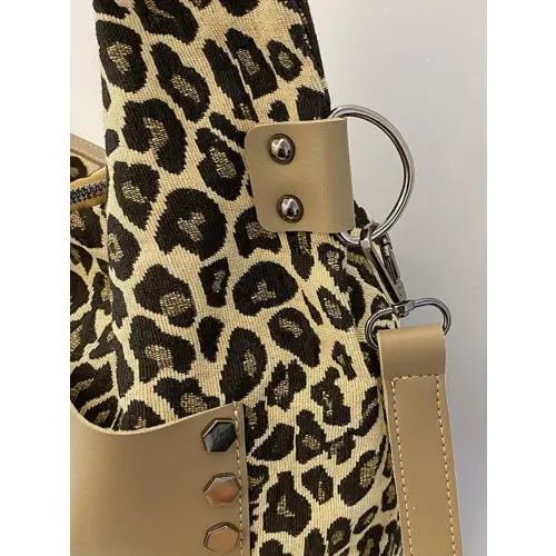 Fierce Leopard Polyester Shoulder Bag with Edgy Studs