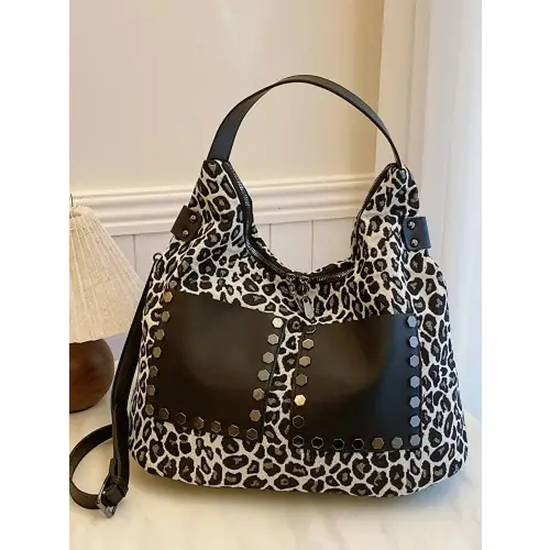 Fierce Leopard Polyester Shoulder Bag with Edgy Studs