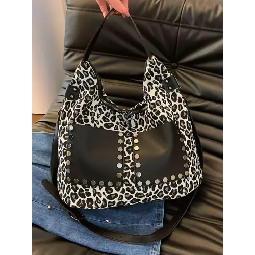 Fierce Leopard Polyester Shoulder Bag with Edgy Studs Black One Size
