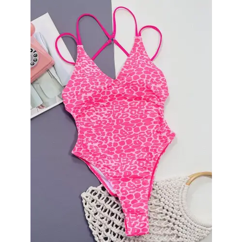 Fierce Pink Leopard Plunge Spaghetti Strap One-Piece Swimwear