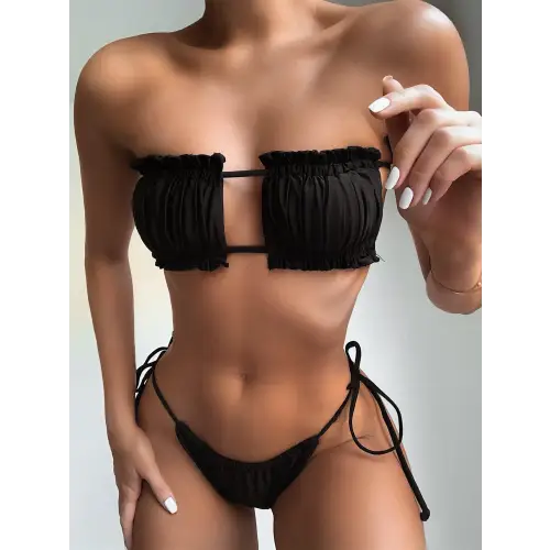 Flirty Frill Trim Ruched Bikini Set in Playful Purple Polka Dots