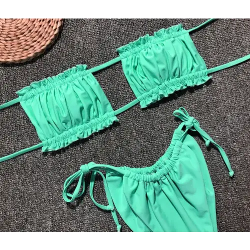 Flirty Frill Trim Ruched Bikini Set in Playful Purple Polka Dots