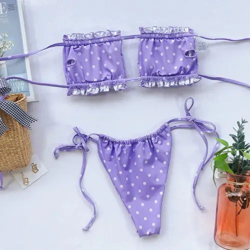 Flirty Frill Trim Ruched Bikini Set in Playful Purple Polka Dots