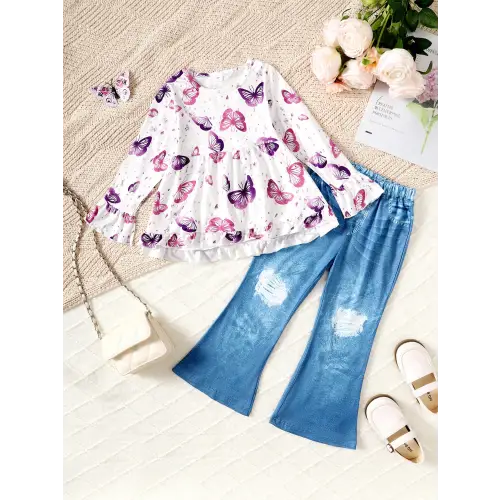 Fluttering Butterfly Top & Jeans Set White