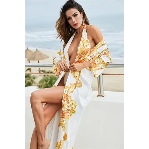 Glamorous Printed Plunge Halter Swimwear and Cardigan Set