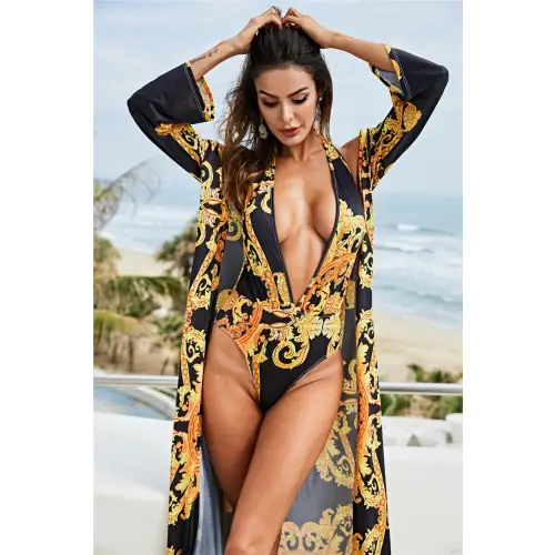 Glamorous Printed Plunge One-Piece Swim Set for Beach Elegance Gold