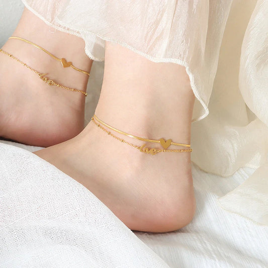Gold exquisite and fashionable heart with LOVE double-layer design anklet