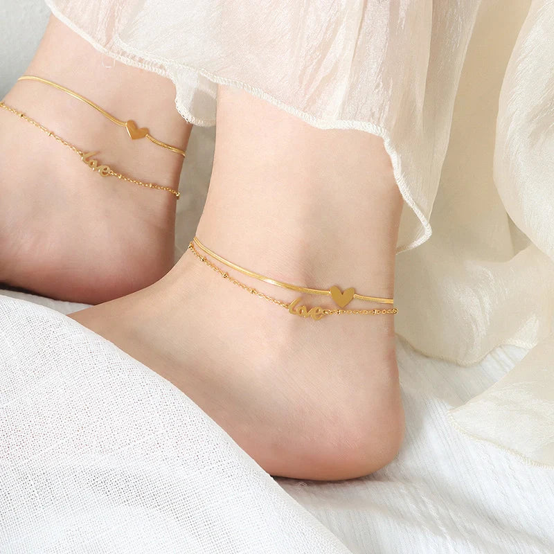 Gold exquisite and fashionable heart with LOVE double-layer design anklet