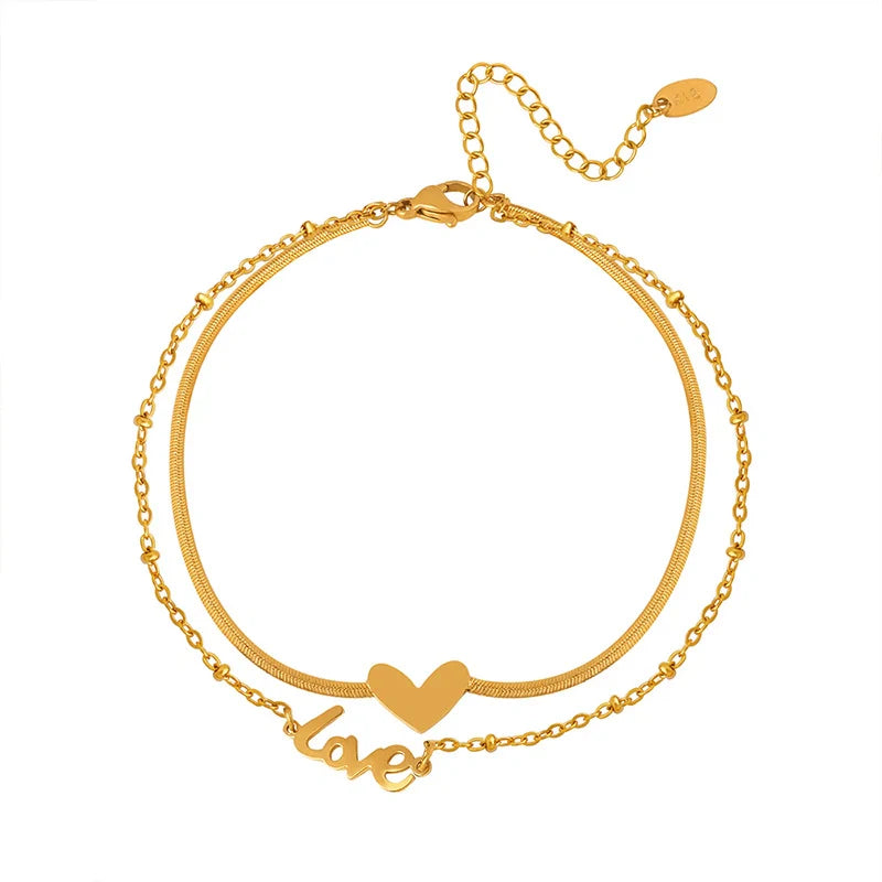 Gold exquisite and fashionable heart with LOVE double-layer design anklet