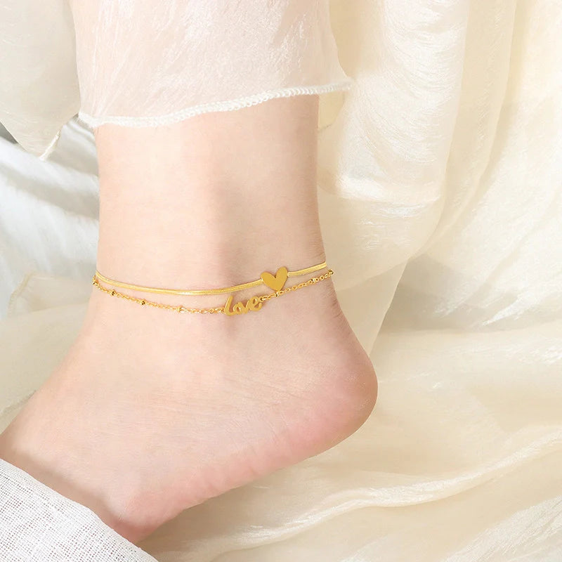 Gold exquisite and fashionable heart with LOVE double-layer design anklet