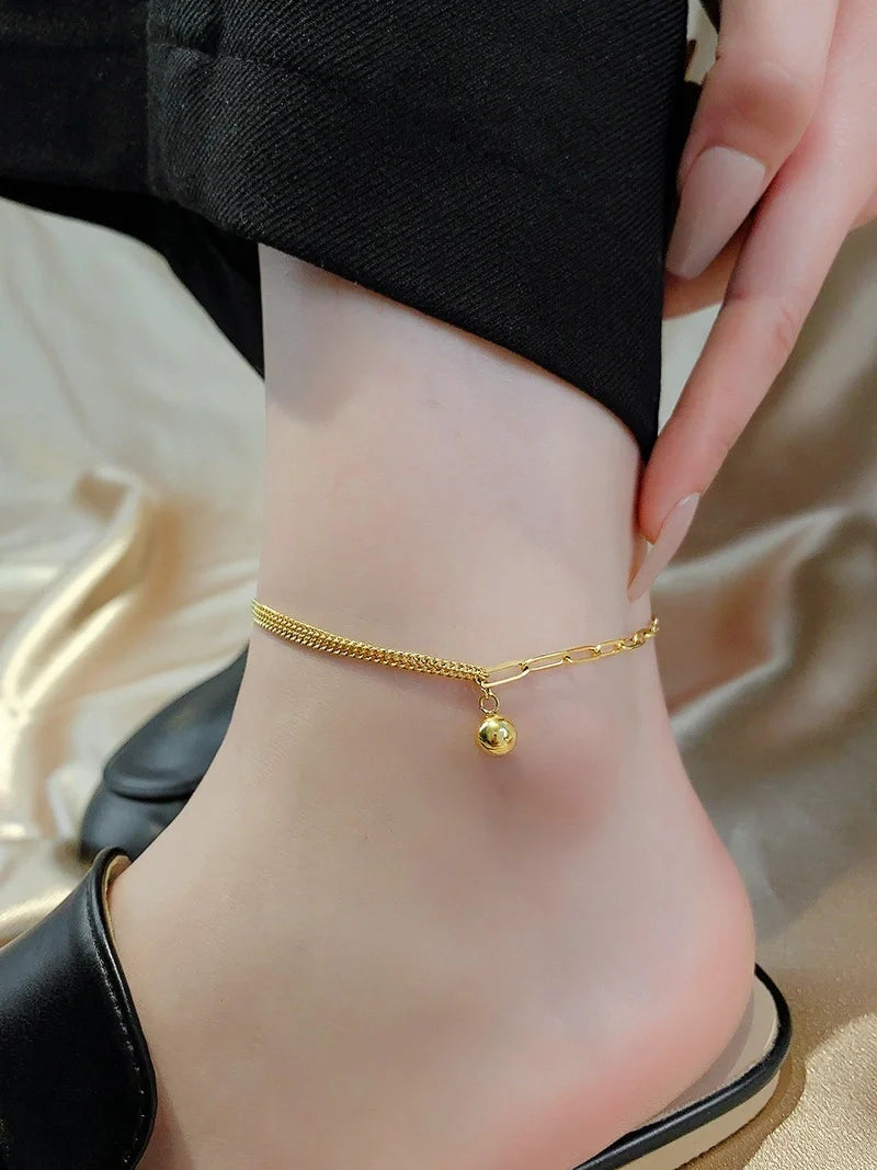 Gold trendy and fashionable double chain splicing and small gold ball design anklet