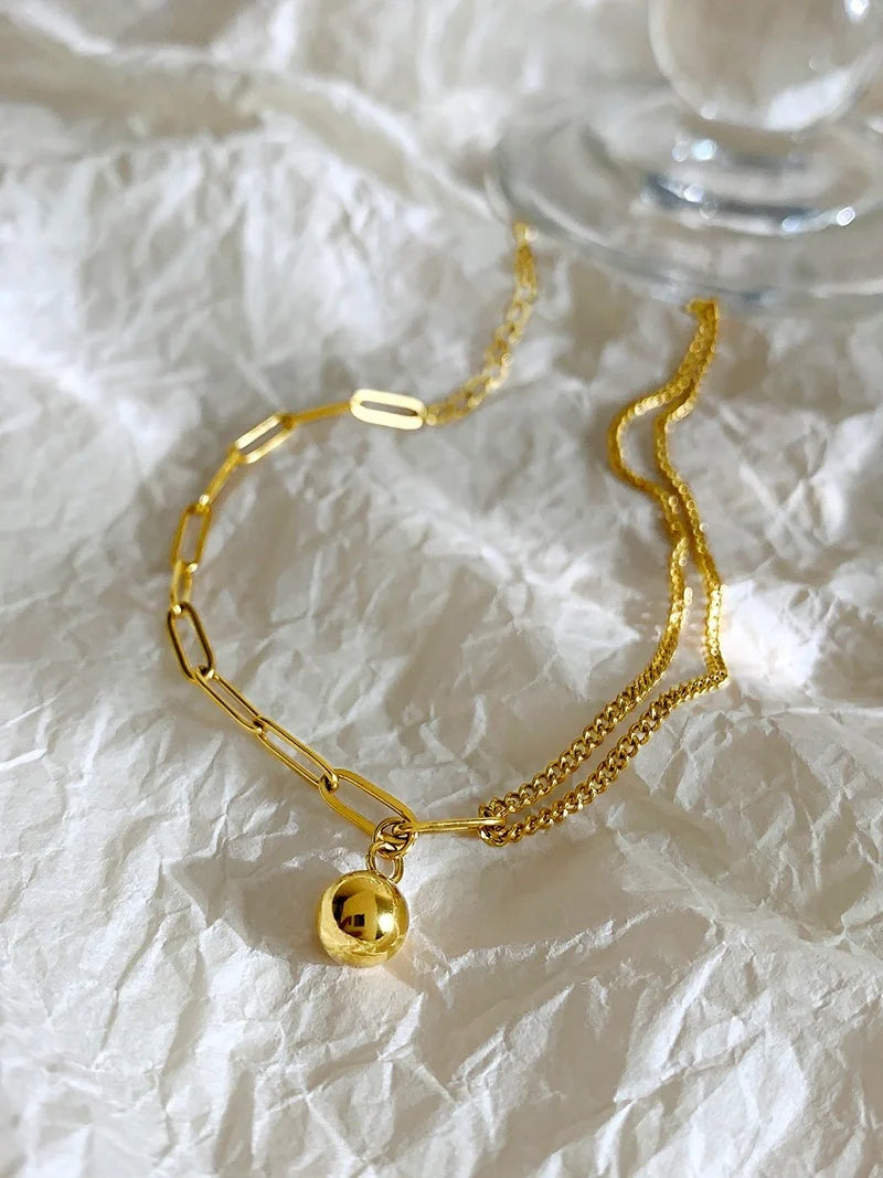 Gold trendy and fashionable double chain splicing and small gold ball design anklet