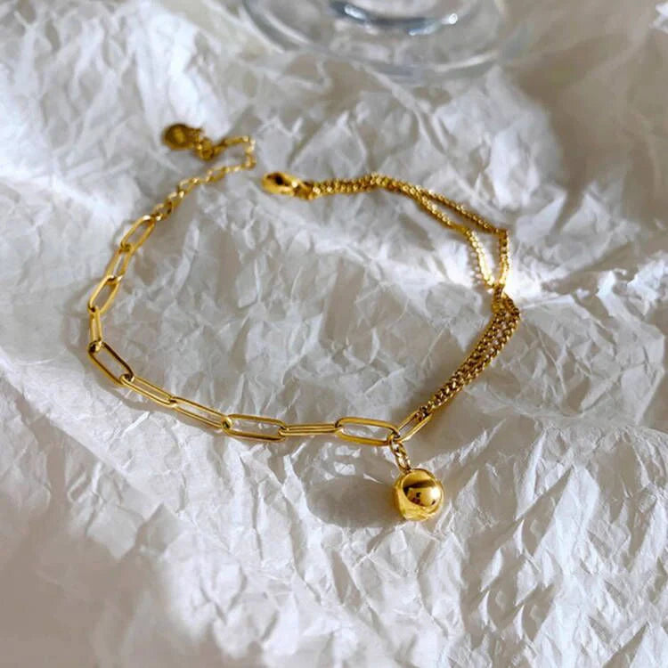 Gold trendy and fashionable double chain splicing and small gold ball design anklet