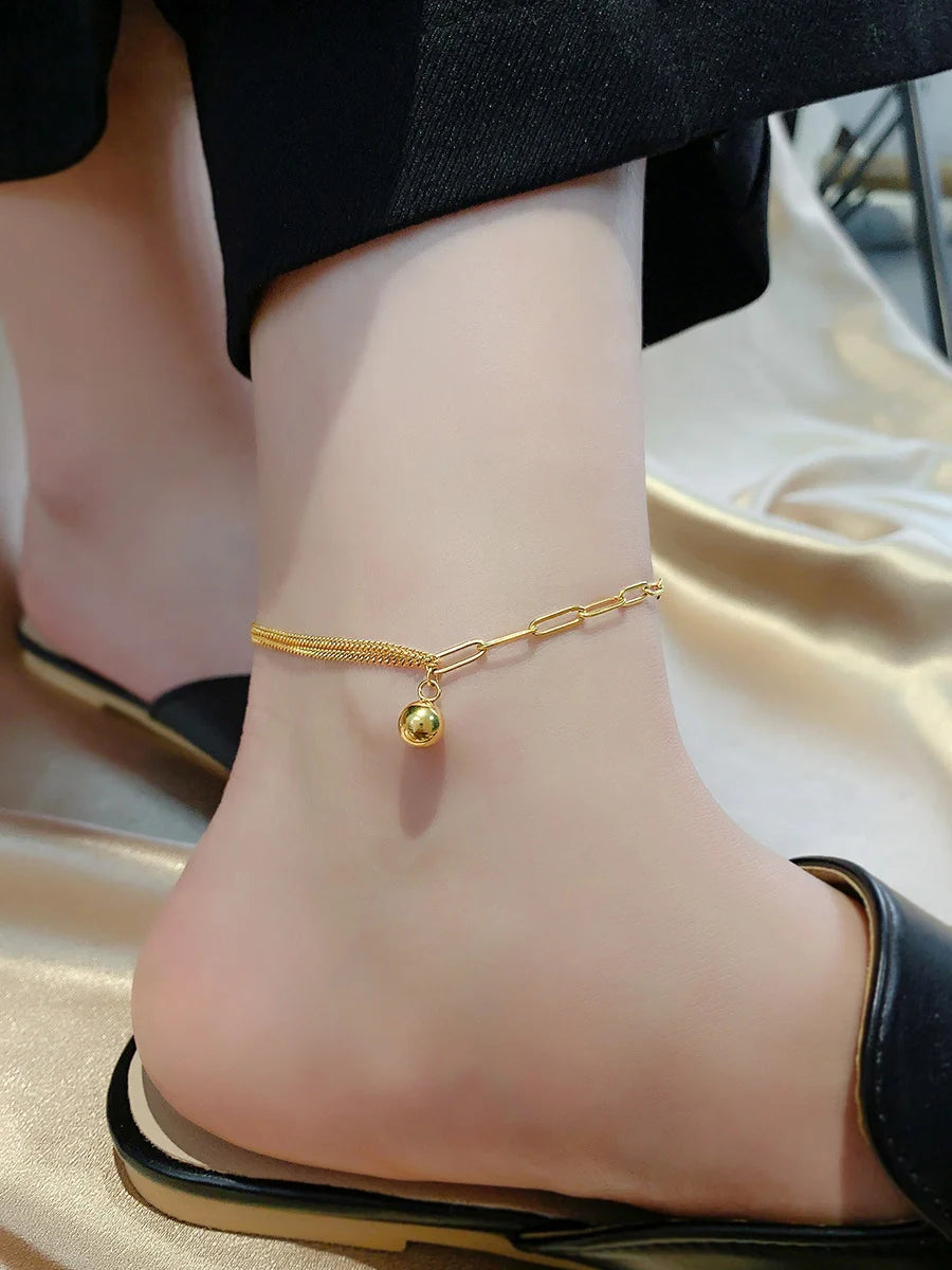 Gold trendy and fashionable double chain splicing and small gold ball design anklet