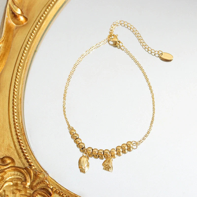 Gold trendy and fashionable lotus flower with round bead design light luxury style anklet