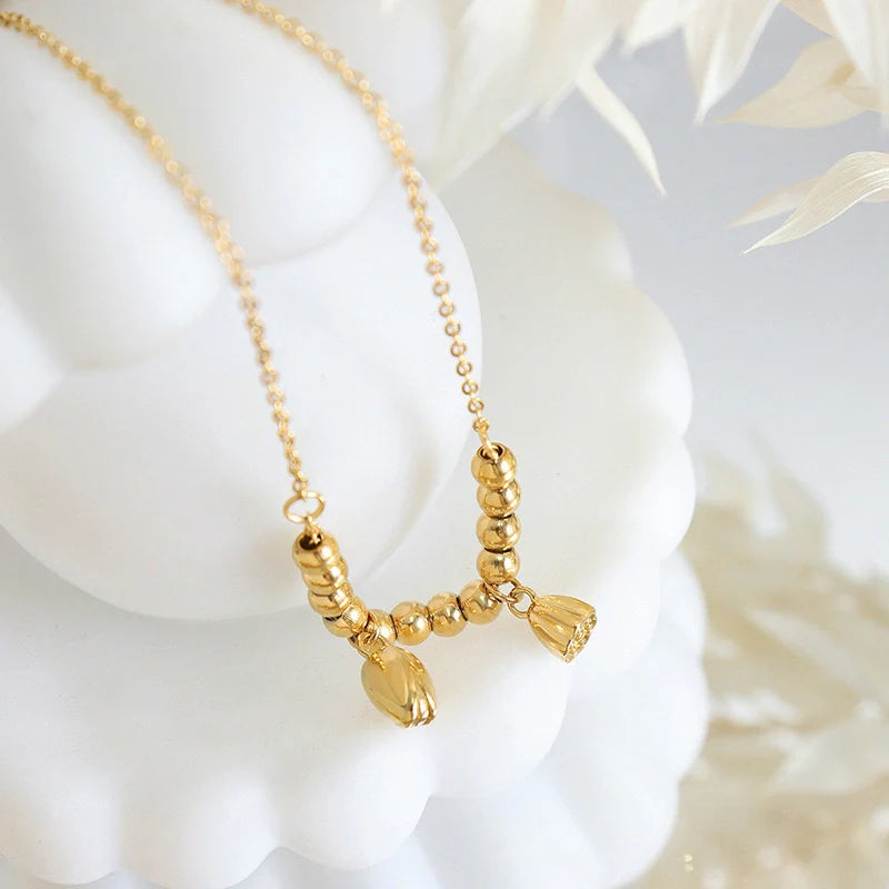 Gold trendy and fashionable lotus flower with round bead design light luxury style anklet