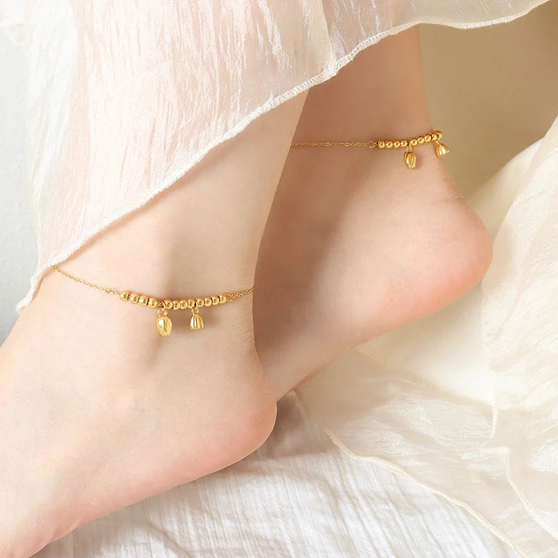 Gold trendy and fashionable lotus flower with round bead design light luxury style anklet