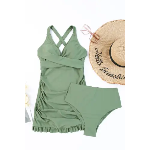 Green Sleeveless Swim Dress with Ruffled Skirt