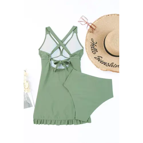 Green Sleeveless Swim Dress with Ruffled Skirt