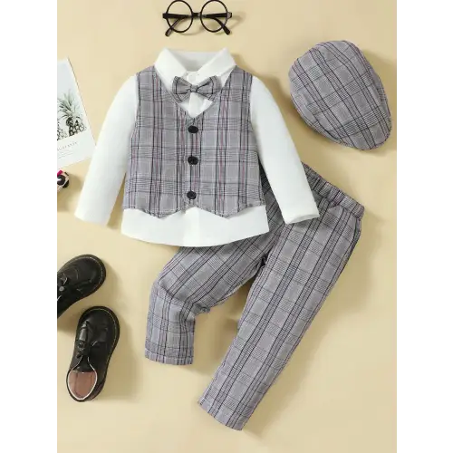 Dapper Gray Plaid Toddler Suit Set Black White