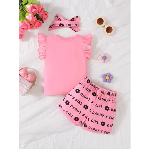 Headband Letter Ruffle Sleeve Three Piece Baby Outfit