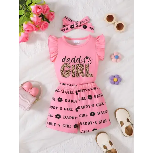 Headband Letter Ruffle Sleeve Three Piece Baby Outfit Pink