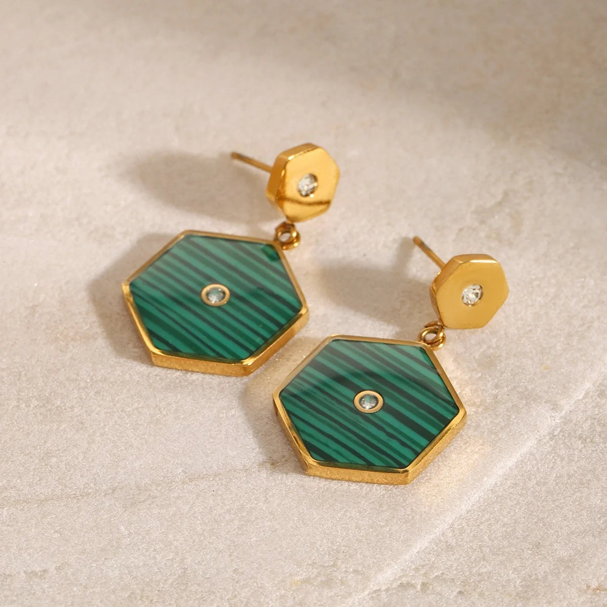 Hexagonal Inlaid Gemstone Earrings