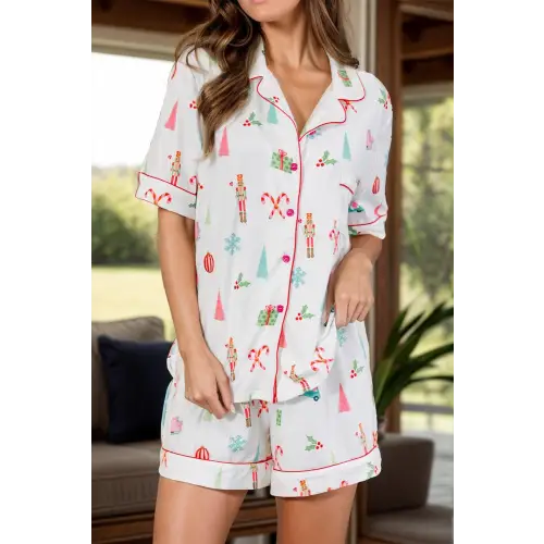 Jolly Christmas Printed Short Sleeve and Shorts Lounge Set White