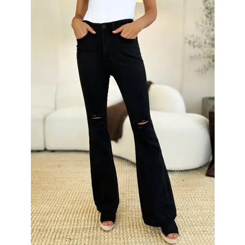 Distressed Flare Rock Jeans Black