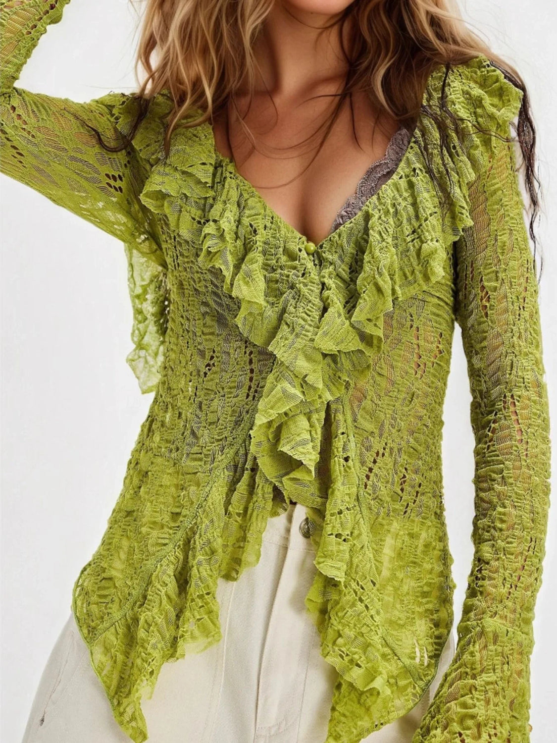 Lace Ruffled Stretch Lime Blouse