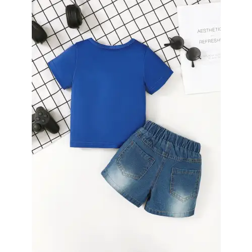 Letter Round Neck Denim Shorts Set for Baby and Toddler