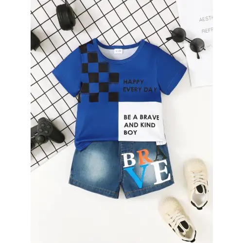 Letter Round Neck Denim Shorts Set for Baby and Toddler Navy