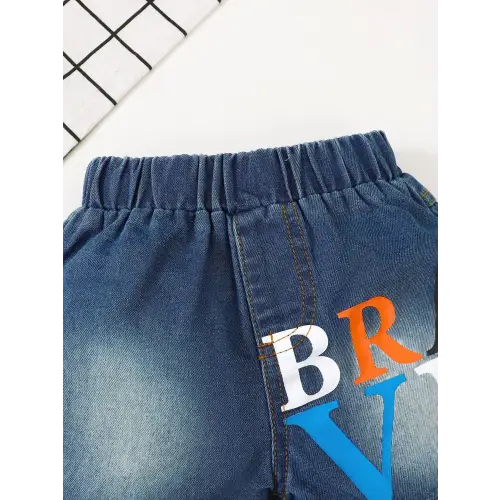 Letter Round Neck Denim Shorts Set for Baby and Toddler