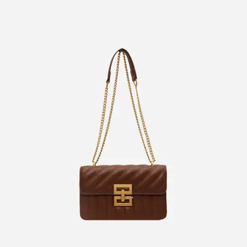 Luxe Brown Leather Crossbody Bag with Gold Chain Elegance Brown One Size