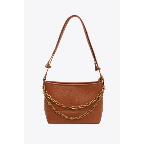 Luxe Brown Leather Shoulder Bag with Elegant Gold Chain Detail Caramel One Size