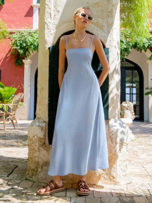 Luxe Light Blue Viscose Linen Blend Dress Light Blue