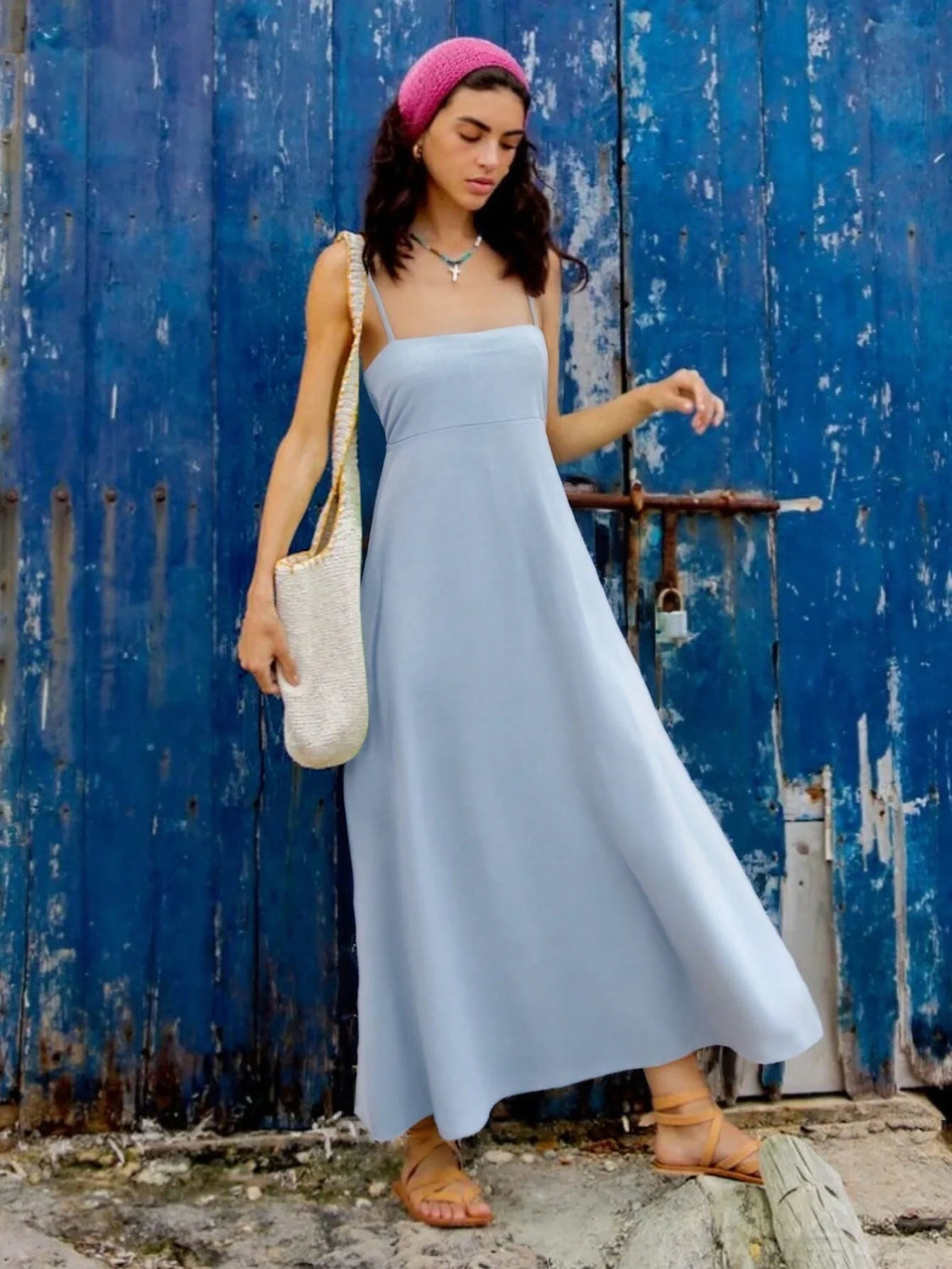 Luxe Light Blue Viscose Linen Blend Dress