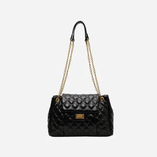 Luxe Quilted Leather Shoulder Bag with Gold Chain Elegance Black One Size