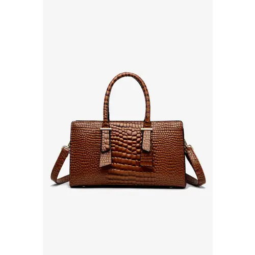 Luxurious Brown Croc Textured PU Leather Handbag Dark Brown One Size